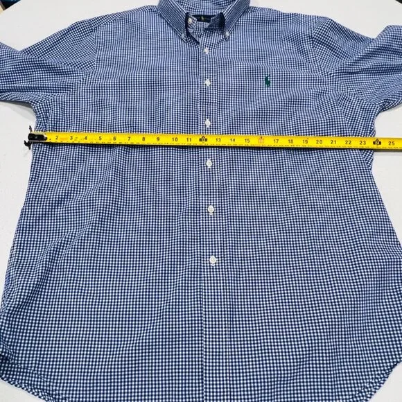 Ralph Lauren Gingham Plaid Check Mens XL Shirt Blue White Long Sleeve Green Pony - Picture 4 of 4